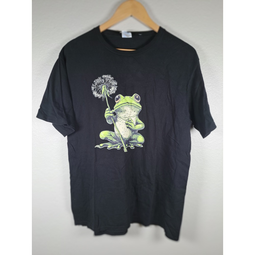 Port & Company Frog Dandelion Graphic Tee Black Cotton Shirt Large
